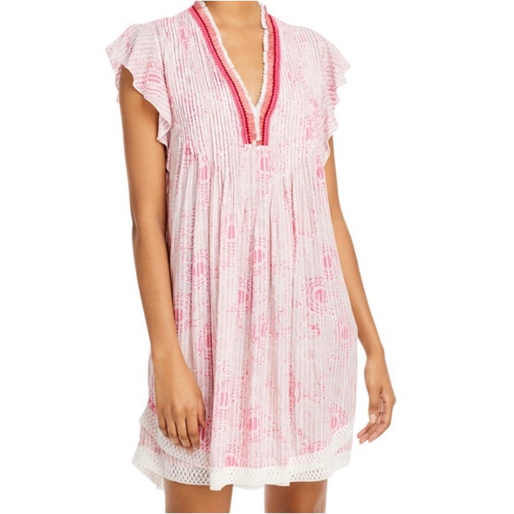 Poupette‎ St Barth Pink Batik Print Fringe V-Neck Mini Dress Womens Large L Boho
